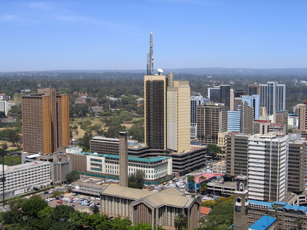 Elevated view of downtown from KICC Tower, showing Telcom House at center and Holy Family Cathedral in the lower foreground