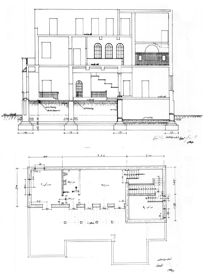 Working drawing: second floor plan and section