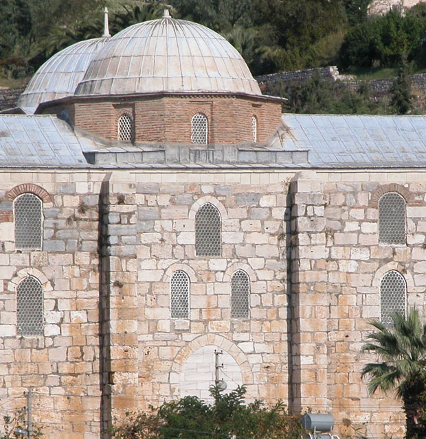 Exterior view from southwest, after restoration, showing the domes and the qibla wall