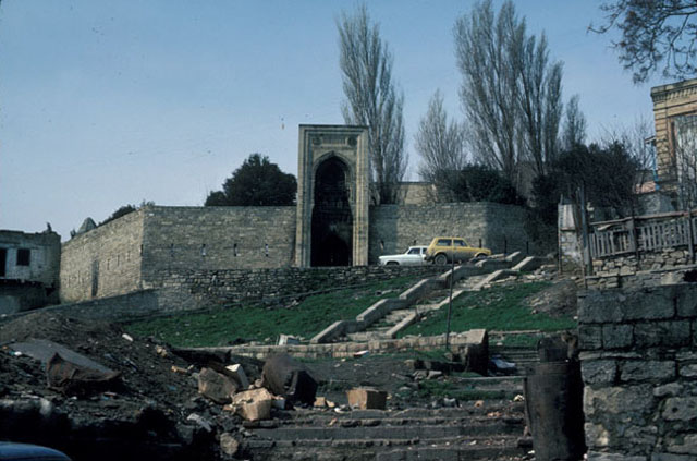View of pishtaq leading into the courtyard containing the Bakuvi Mausoleum, looking west