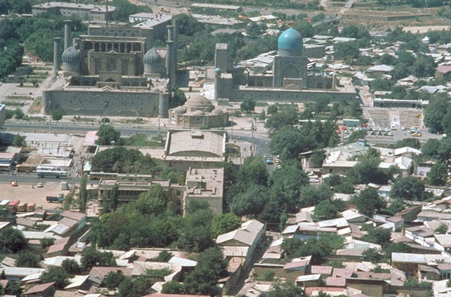 Registan Square Restoration - Aerial view from behind the Shir Dor Madrasa; the circular form of the Chor-su bazaar can be seen at centre