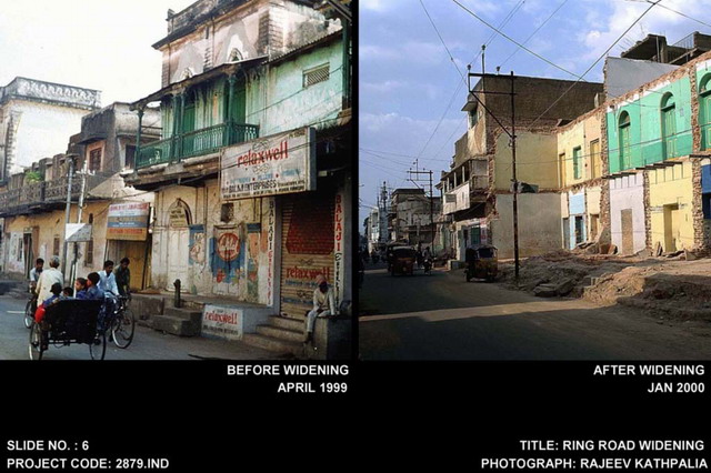 Before and after views of street widened for the construction of a ring road