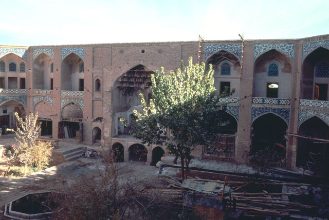 Elevated view of caravanserai courtyard; east iwan