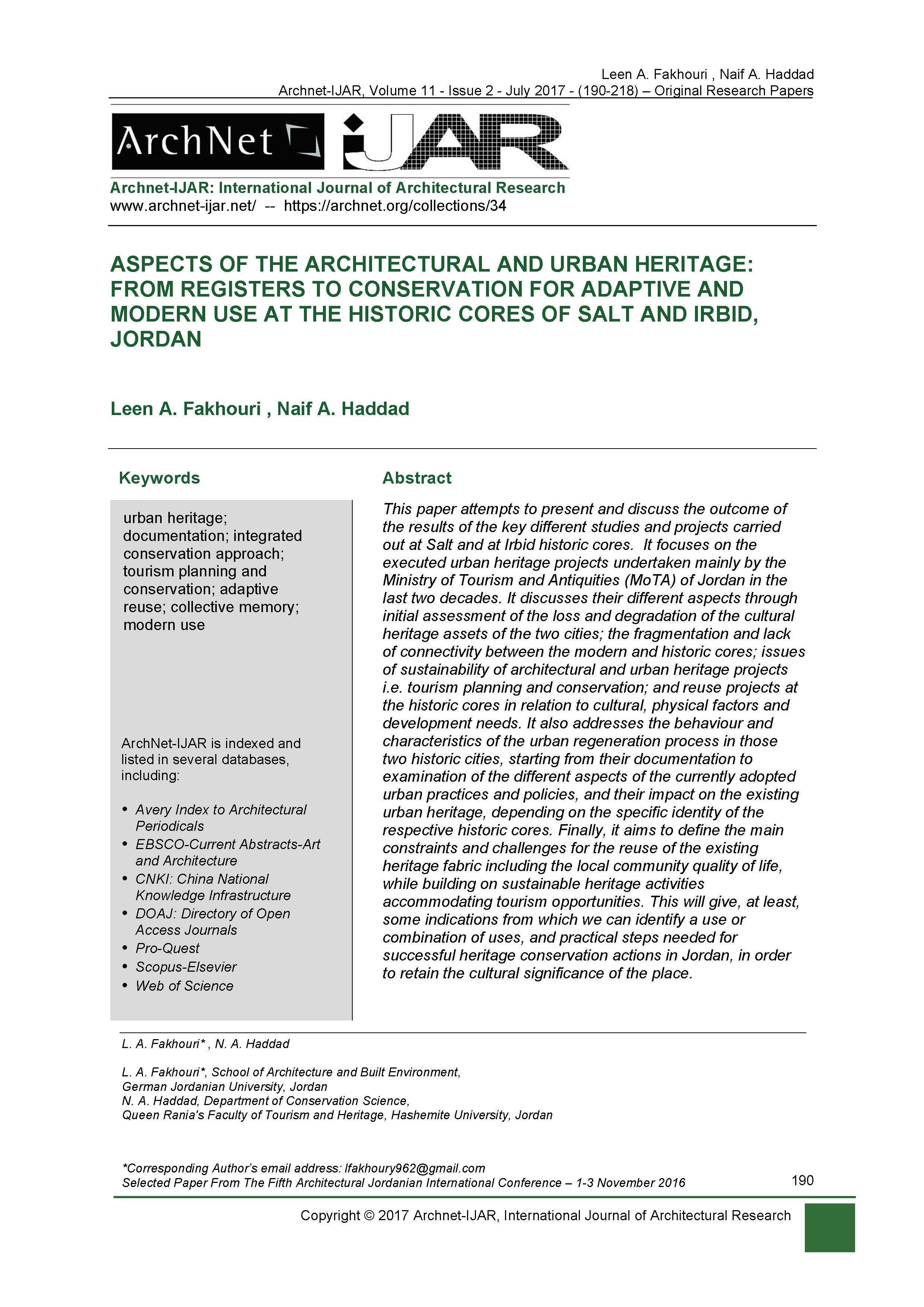 Aspects of the Architectural and Urban Heritage: From Registers to Conservation for Adaptive and Modern Use at the Historic Cores of Salt and Irbid, Jordan