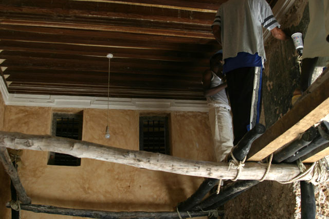 Interior view showing mosque under restoration