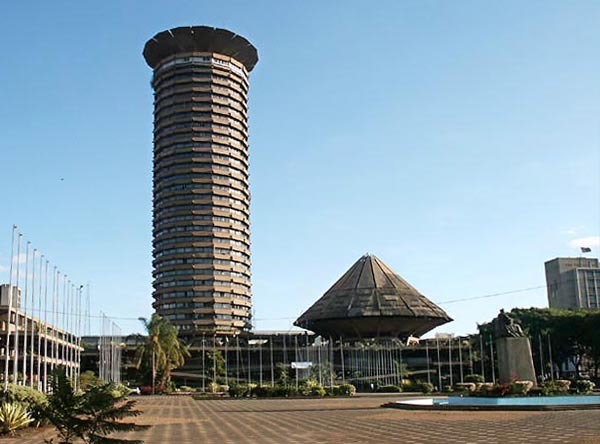 General view of City Square, looking towards conference center and amphitheater. The statue of Jomo Kenyatta is seen in the lower right corner