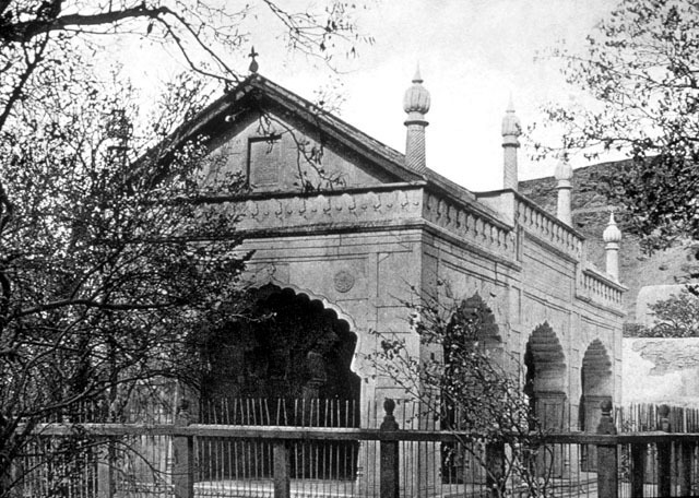 Exterior view from southeast, circa 1916-1917, showing mosque with pitched roof