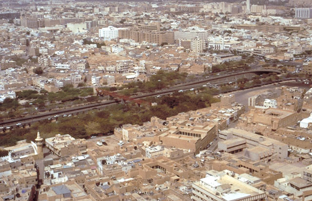 Aerial view, showing landscaping, walkways and pedestrian bridges