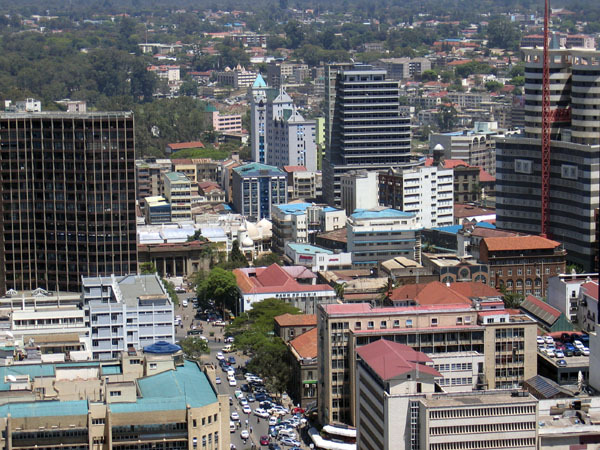 Elevated view of downtown from KICC Tower, showing Nation Centre at right with Wabera Street seen at center