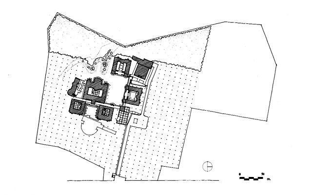 Entrepreneurship Development Institute of India - B&W drawing, the plan is organised as a series of seven, two-storey, brick buildings on two axes