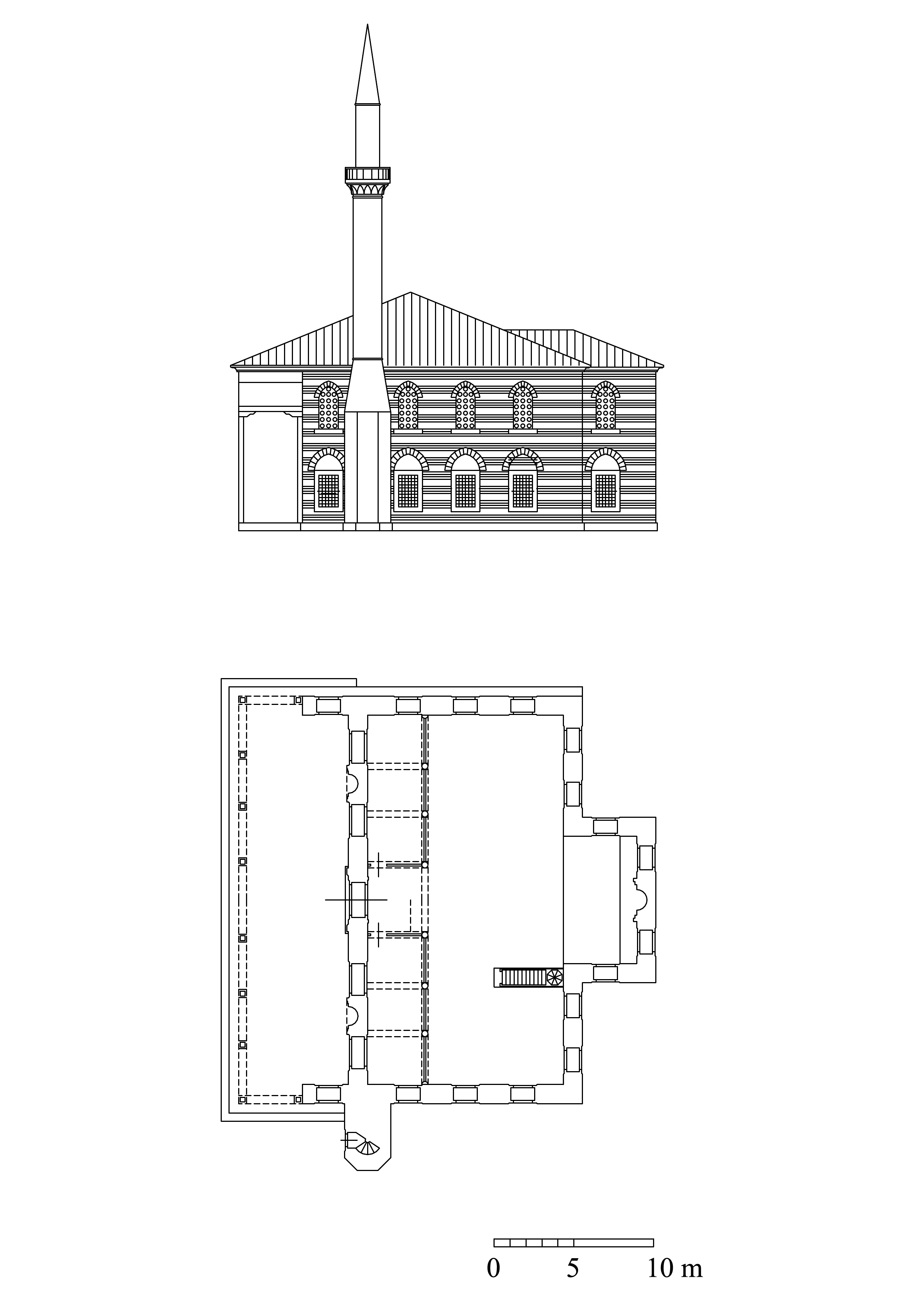 Floor plan and elevation with hypothetical reconstruction of portico