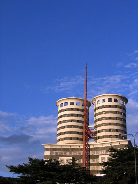 Exterior view from southwest showing twin towers and telecommunication mast