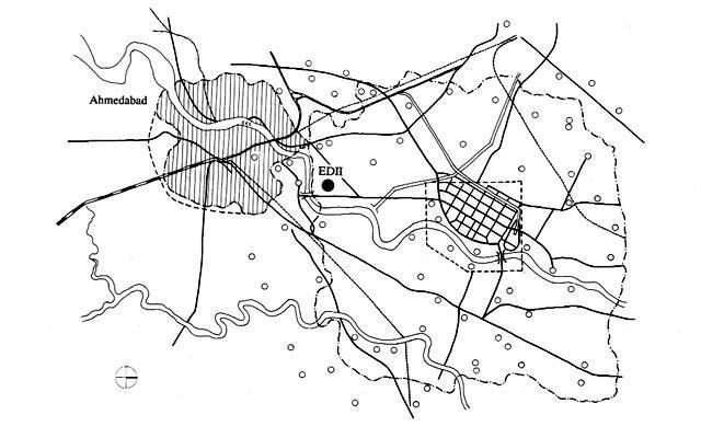 Entrepreneurship Development Institute of India - B&W drawing, plan showing the Institute's location in relation to Ahmedabad