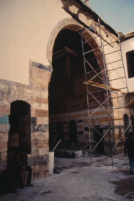 Exterior view showing scaffolding in courtyard