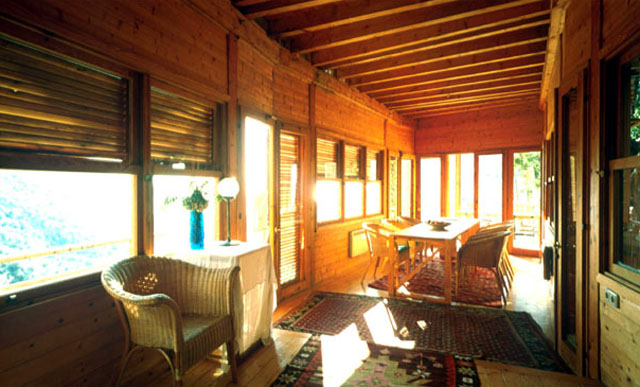 Interior view showing warming effect of wooden construction in common areas