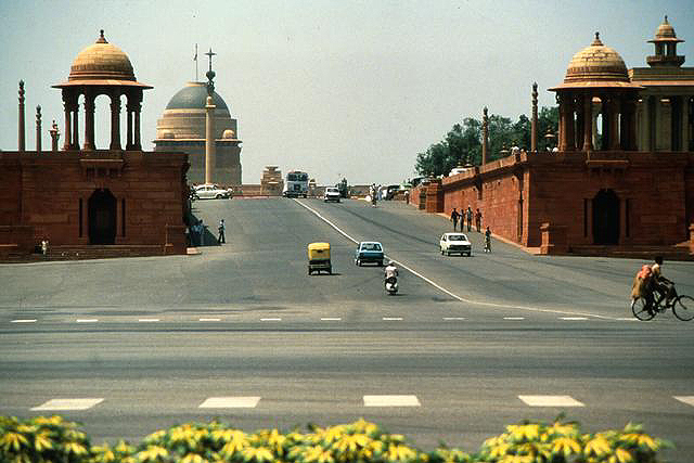 Exterior view of east approach to Viceroy's court with dome of Viceroy's House (now Presidential Palace) and Jaipur Column