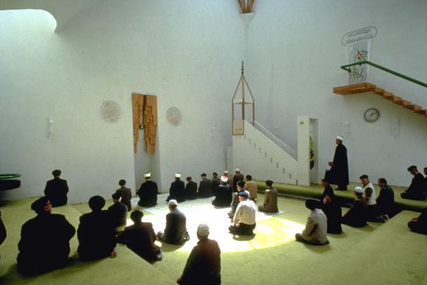 Interior, prayer hall looking toward the mihrab and minbar