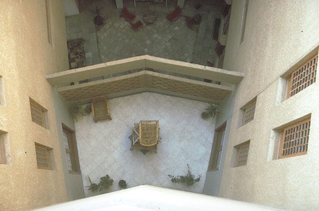 View down to the terrace and courtyard