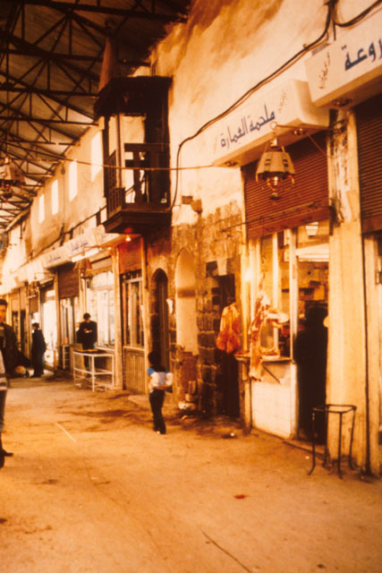 Exterior view along covered alley with shops