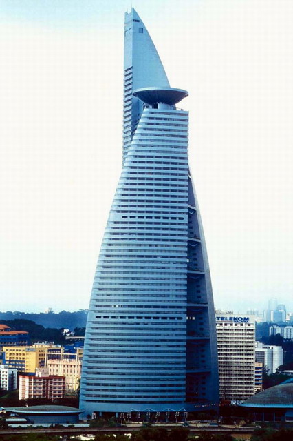 General view, the tower is made up of 2 tapering vertical forms connected by the central core in between