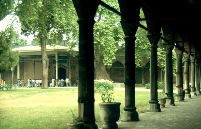 Looking north from the kitchens' portico in the Second Court towards the Gate of Felicity (Babüssaadet), leading into the Third Court