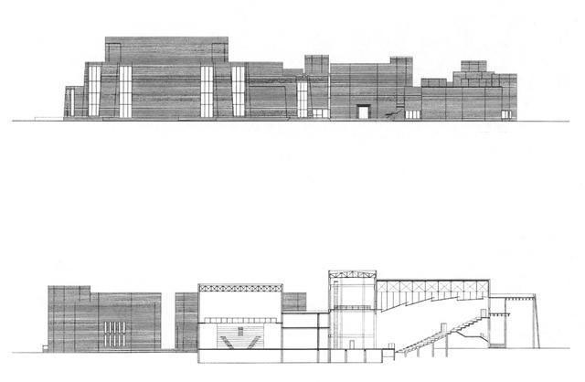 B&W drawing, section and elevation
