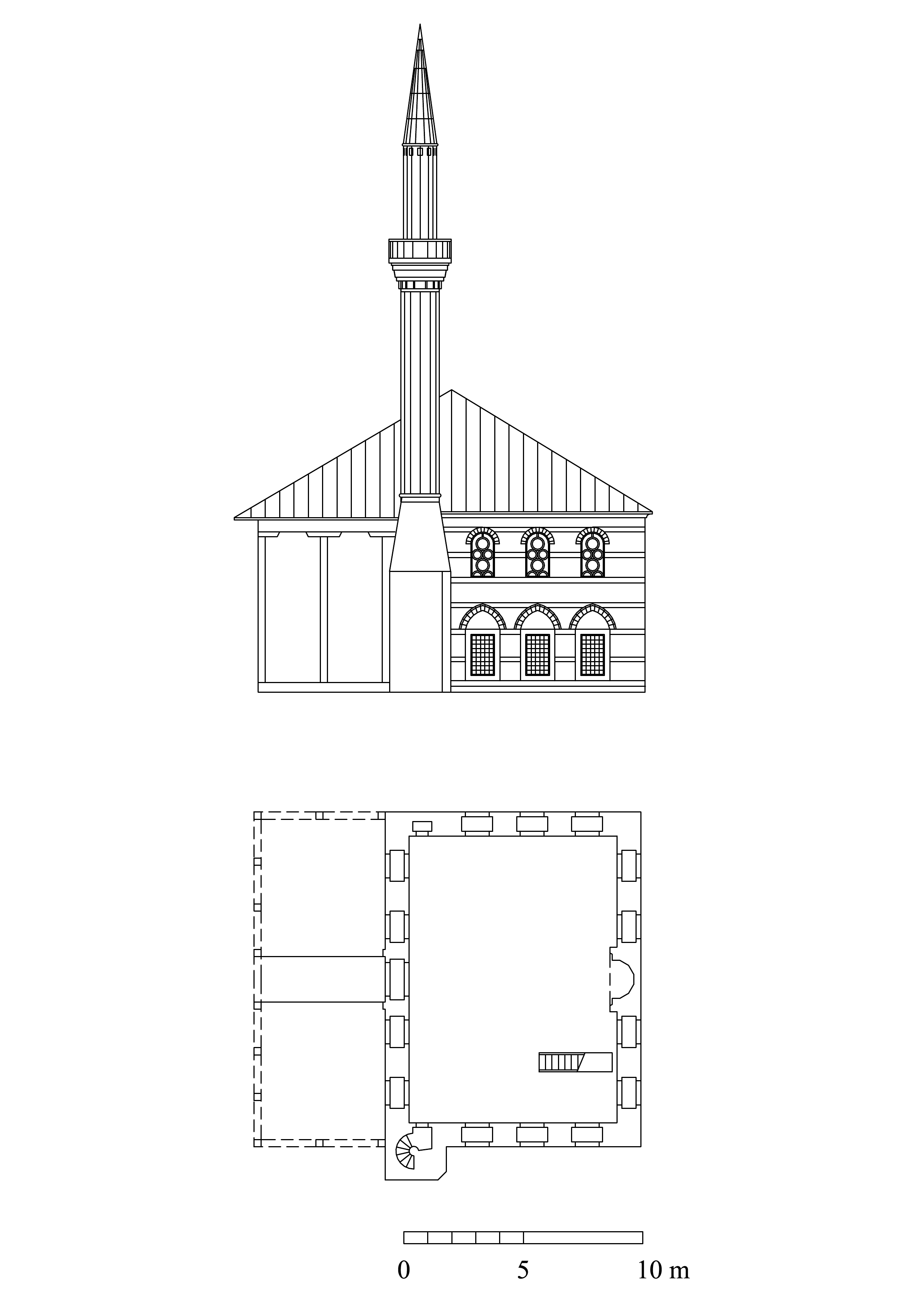 Hüsrev Çelebi Mosque - Floor plan and elevation with hypothetical reconstruction of portico