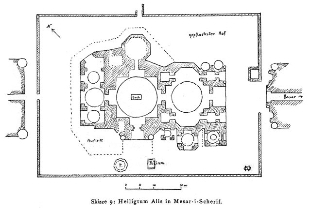 Plan sketch by Otto von Niedermayer, circa 1916-17, prior to the construction of the new mosque to the southwest of the shrine and demolition of bazaars