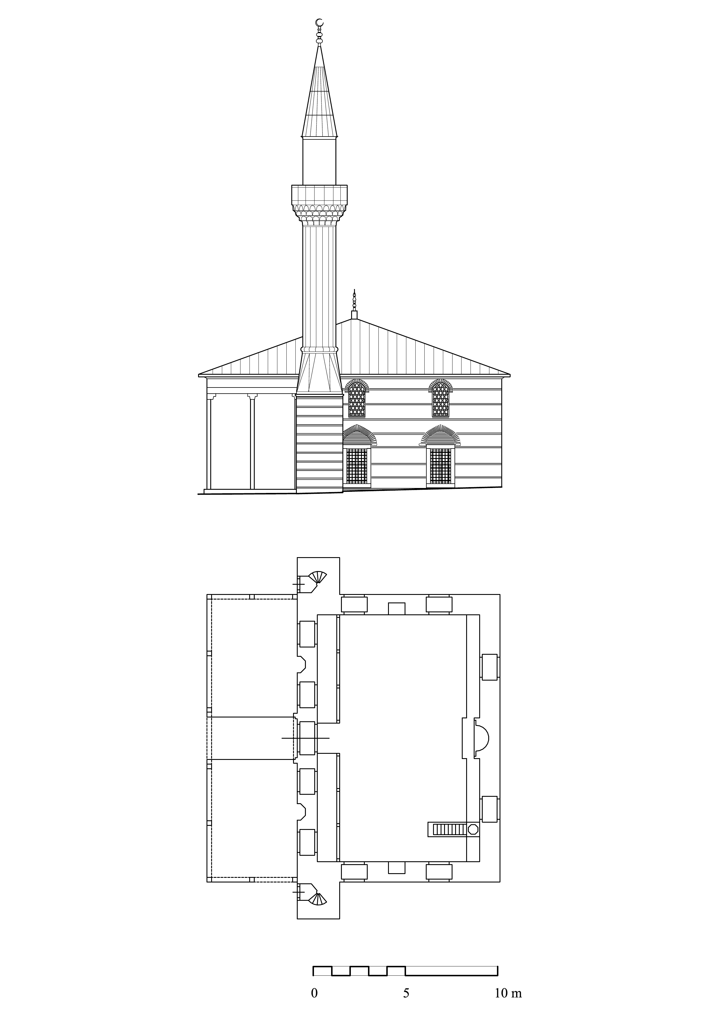 Bostancı'başı İskender Paşa Camii - Floor plan and elevation with hypothetical reconstruction of portico
