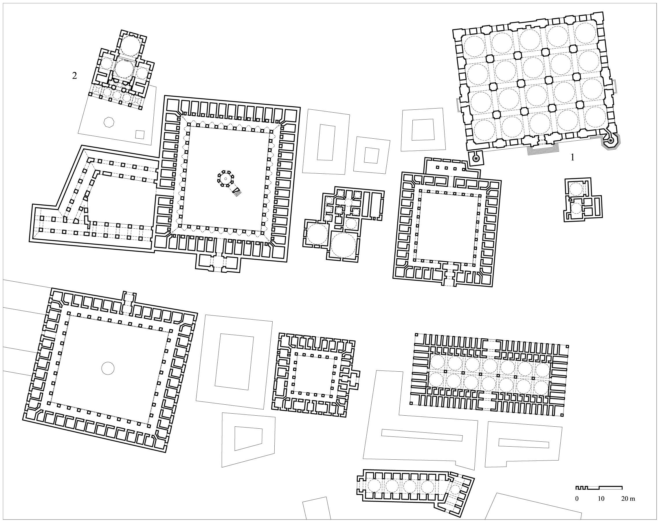 Site plan of marketplace with floor plans of caravanserais and baths, showing (1) Great Mosque of Bayezid I, (2) convent-masjid of Orhan I