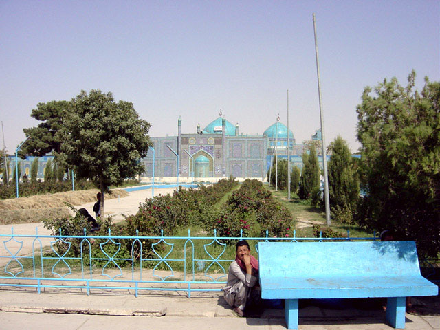 General view of the complex and surrounding park from southwest, looking towards qibla wall of new mosque. Domes of the Timurid shrine appear in the background