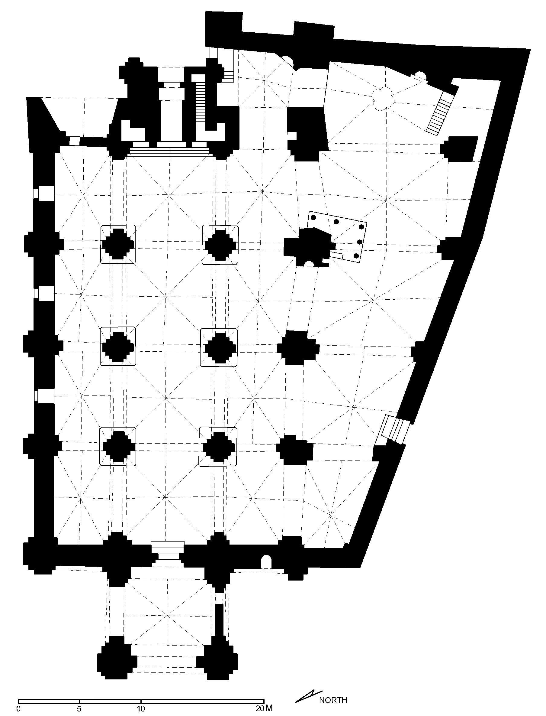 Floor plan of mosque. Dark shaded walls were adapted from a Crusader church on the site (after Meinecke)