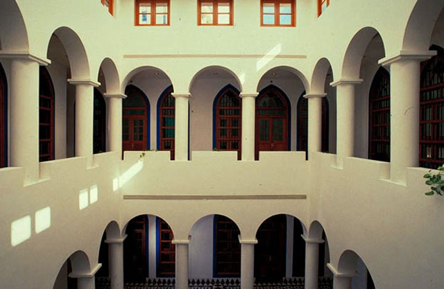 Interior courtyard, showing clerestory and white-washed plaster finish