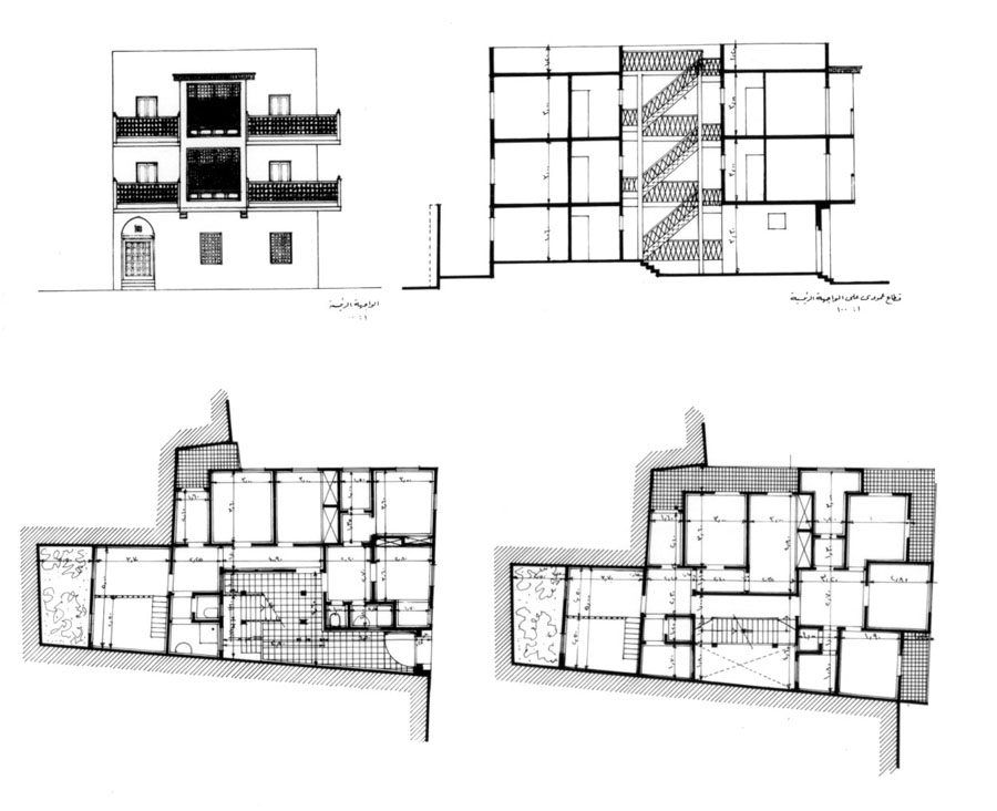 Design drawing: ground floor, first floor plans, elevation and section