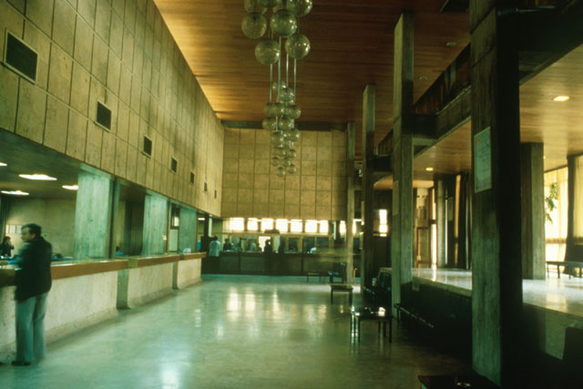 Central Bank Konya Branch - Interior view showing counters and elaborate hanging chandelier