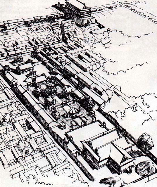 Arial drawing of mosque, looking southeast towards the Drum Tower at top right