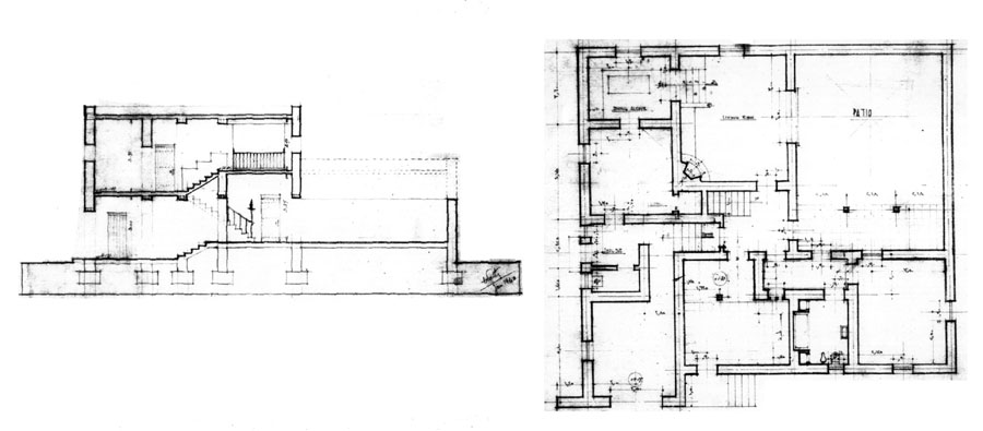 Working drawing: ground floor plan and section