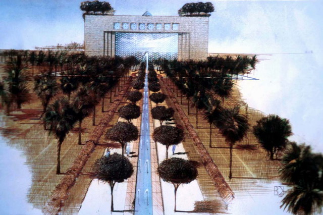 Rendering view, VIP entrance Branca Kaminski, proposed trees on the roof (not realized)