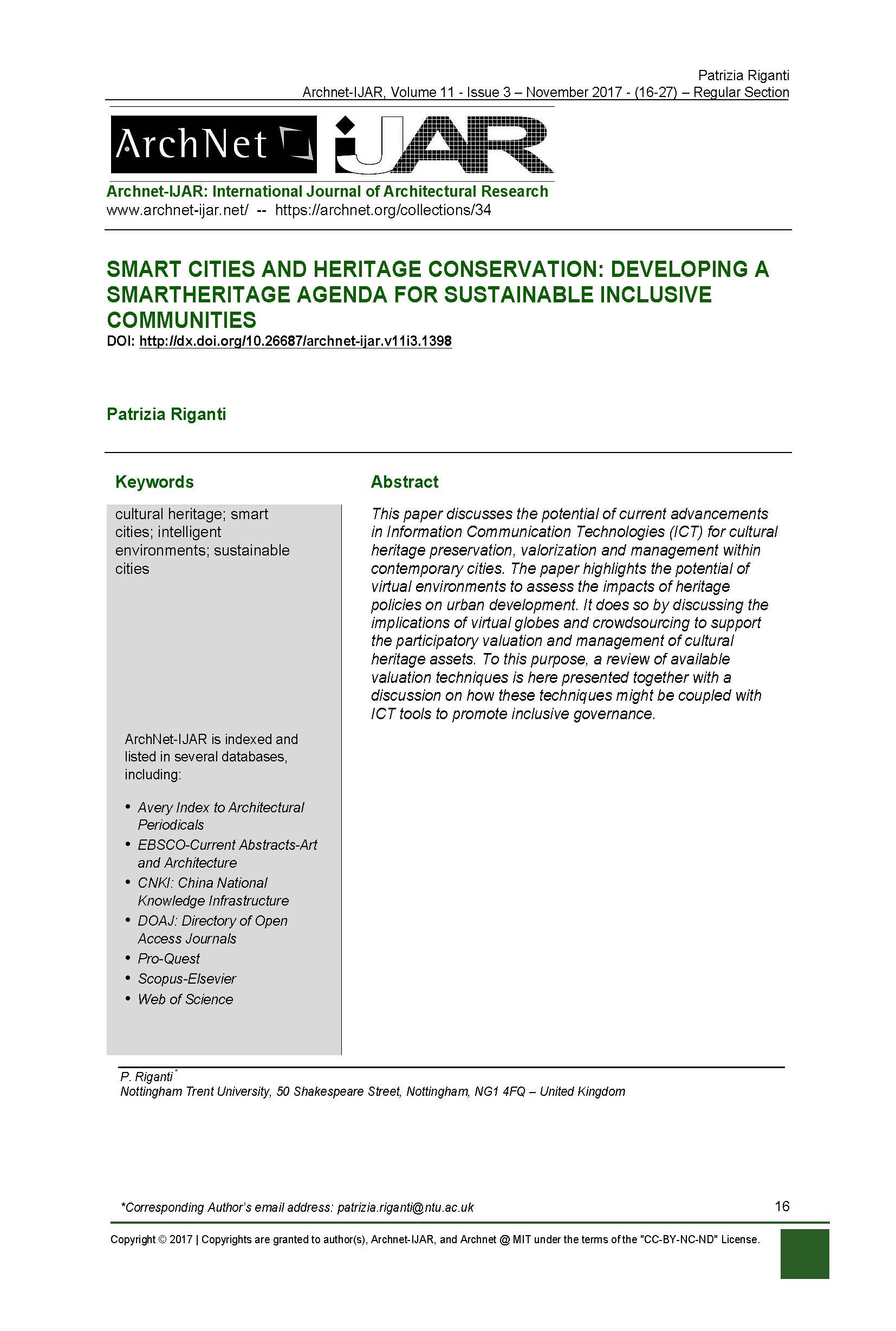 Smart Cities and Heritage Conservation: Developing a Smartheritage Agenda for Sustainable Inclusive Communities
