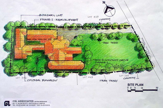 Site plan of residential complex showing existing bungalow and new addition "Teak and Coconut Grove" (bottom)