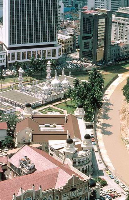 View of Masjid Jamek from the north west, Klang River at right, court building in foreground