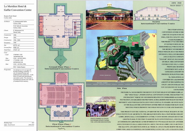 Presentation panel with project description, site plan, and floor plans, section and exterior view of the international convention center
