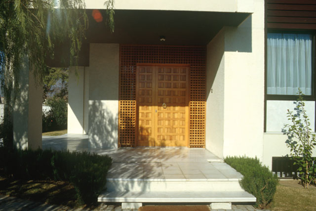 Exterior detail showing wood entranceway
