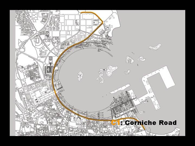 Plan highlighting the corniche road