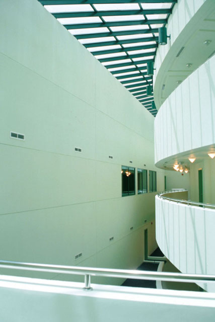 Interior view of atrium with circulation corridors