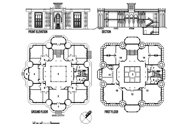 Elevation, section and plans