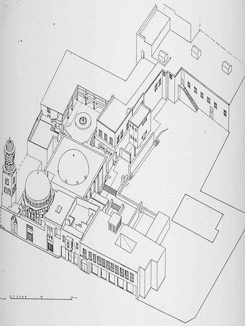 B&W drawing, axonometric of the complex comprising three structures: the Mevlevi Sama'khana, the Emir Sunqur Sa'di Mausoleum and Madrasa, and the Yazbak Aqbardi Palace