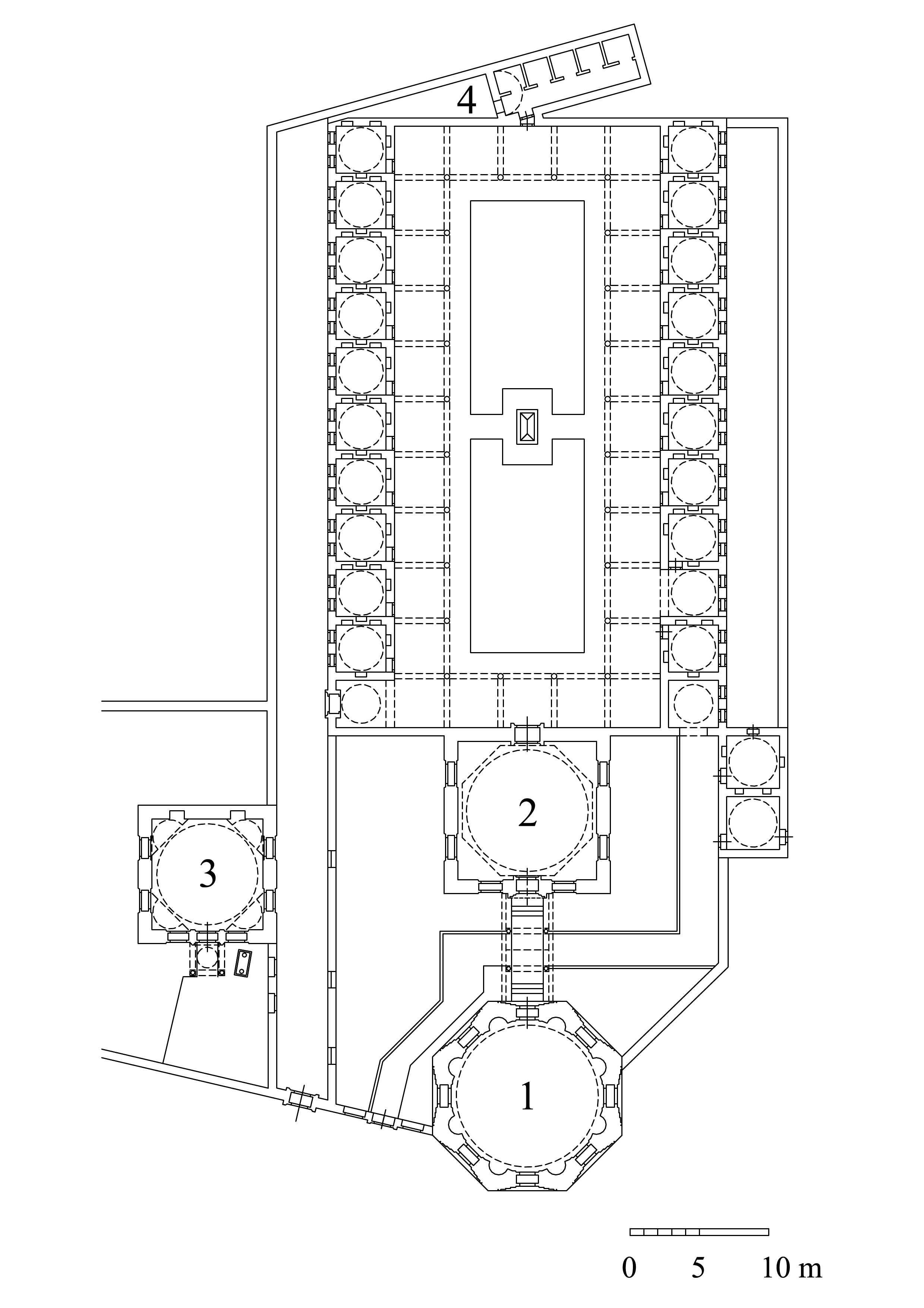 Floor plan of funerary madrasa showing (1) mausoleum with street fountain, (2) madrasa, (3) school for Koran recitation, (4) latrines