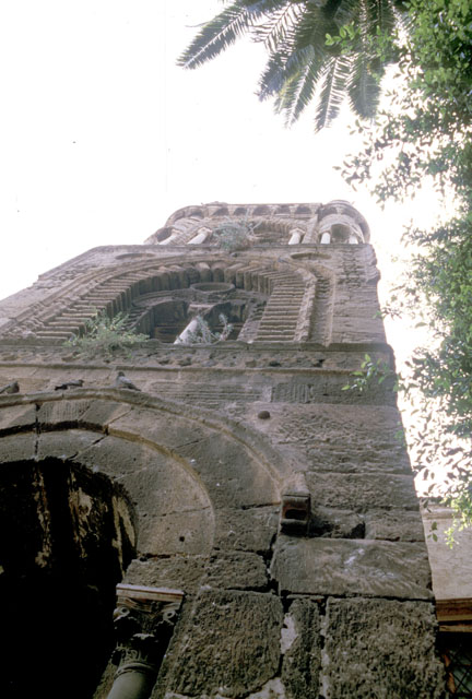 View looking up bell tower; the top two stories were added in the 14th century