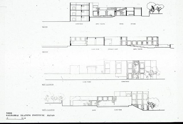B&W drawing, cross-sections and elevations